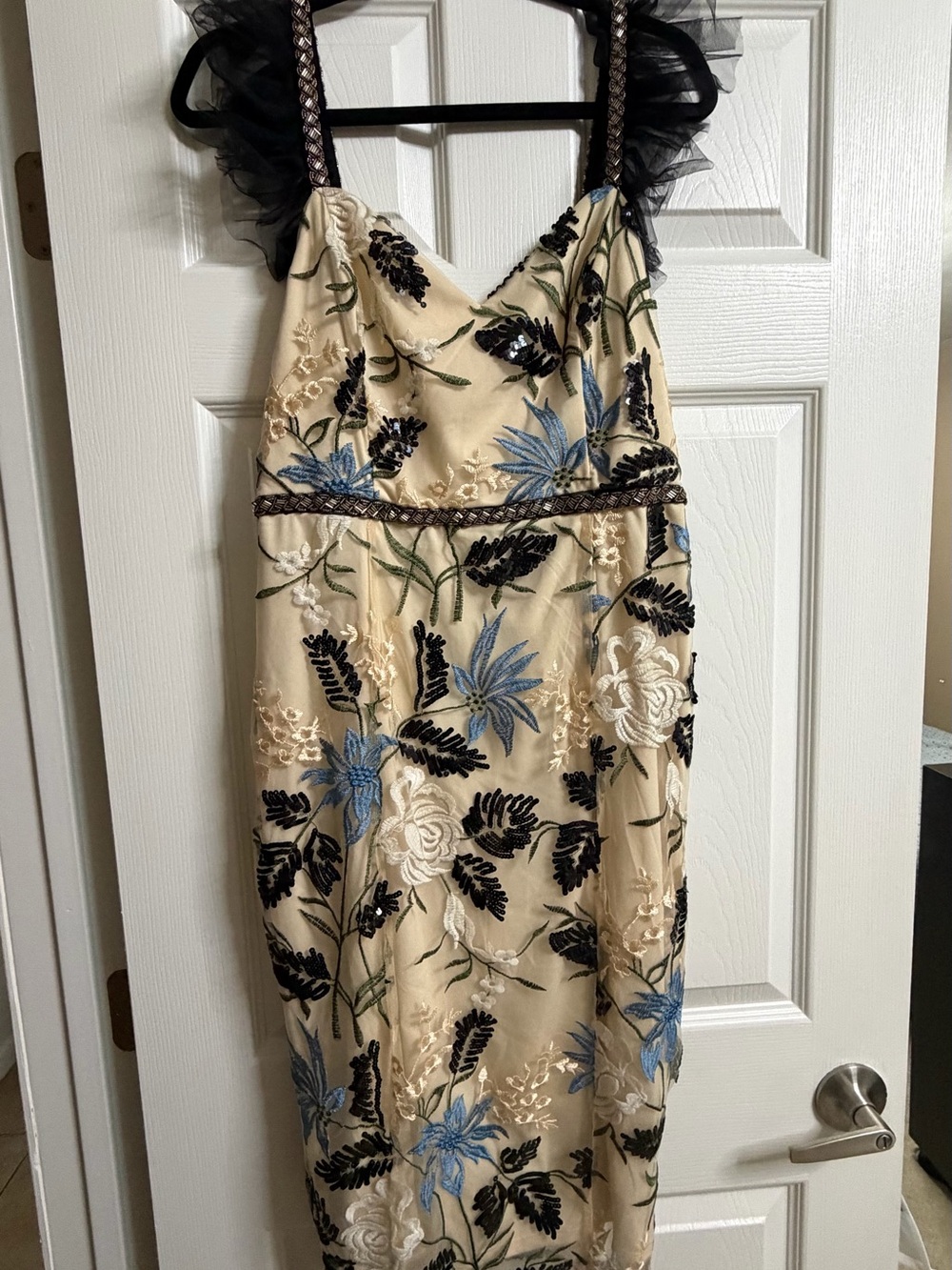 Lulus NWT Embroidered Floral Dress in Cream with Black & Blue Accents